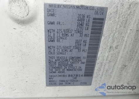 2014 Nissan Rogue Sv z USA, uszkodzony, nr VIN 5N1AT2MT8EC867854